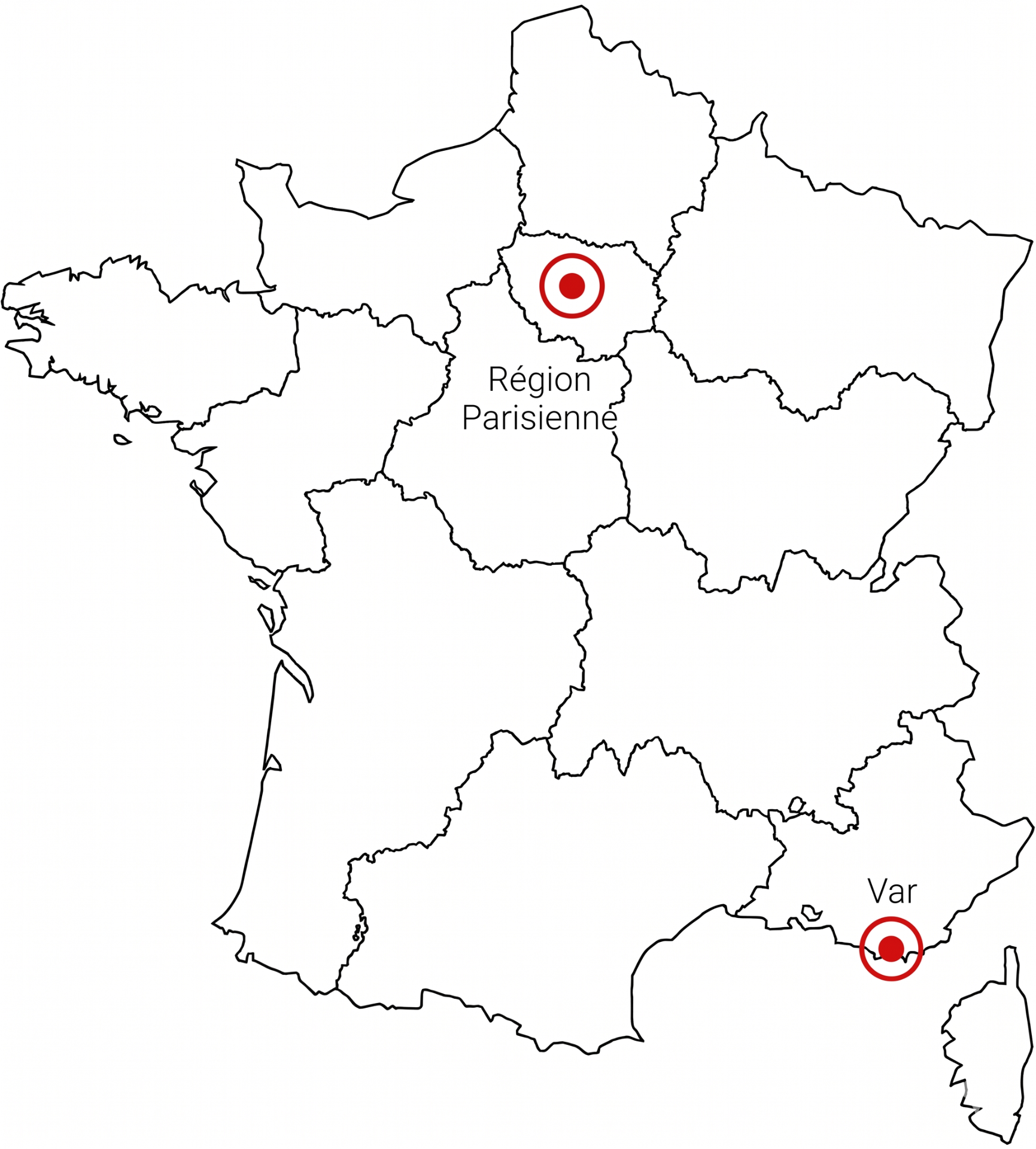 Carte de France indiquant nos zones d'intervention : Région Parisienne et Var