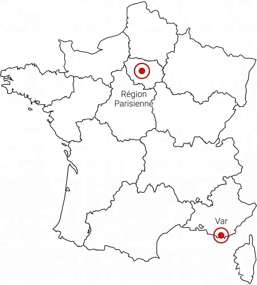 Carte de France indiquant nos zones d'intervention : région parisienne et Var